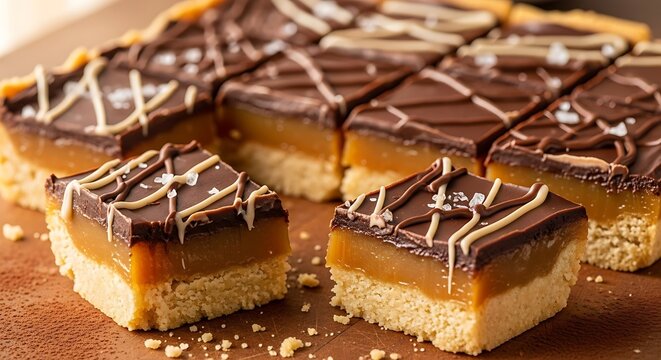 Delicious caramel shortbread bars are drizzled with chocolate and sea salt.