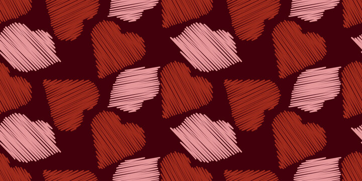 Seamless Valentine&rsquo;s Day vector pattern with red hearts and pink kiss lips in doodle style on burgundy background. Perfect for textile print, wrapping paper, romantic backgrounds