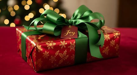 Festive holiday gift box adorned with a golden snowflake pattern and green ribbon.