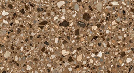 Brown terrazzo floor with various sized chips and white veins.