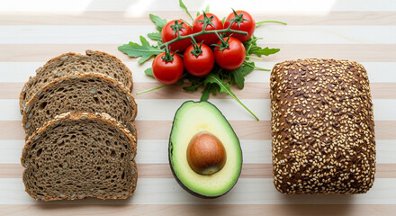 Sliced whole grain bread half avocado cherry tomatoes on vine fresh arugula healthy breakfast ingredients isolated transparent background PNG format