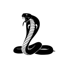 Fototapeta premium A striking black silhouette of a cobra snake with its hood spread, fangs exposed, and tongue flicking, ready to strike, against a clean white background.