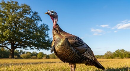 Wild turkey stands in a grassy field beneath a blue sky.