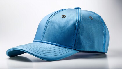 a vibrant light blue baseball cap slightly angled rests on a stark white background its simple design features a curved brim and a structured crown the fabric appears smooth and unadorned