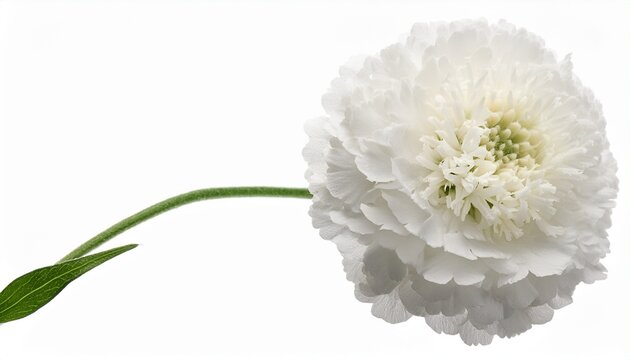delicate white scabiosa flower with ruffled petals and green stem isolated on a white background