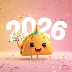 A cheerful taco character celebrates the year 2026 with a party hat and confetti in a festive indoor setting