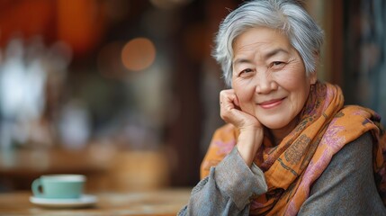 smiling senior woman relaxing at cozy outdoor cafe table