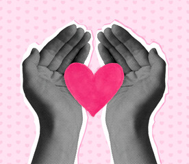 Halftone human hands holding a paper heart on palms. Vector illustration
