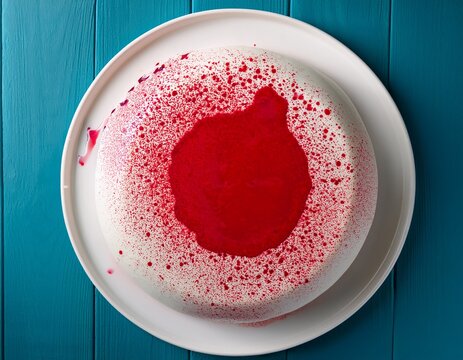 a white plate holds a round textured white cake bathed in a vibrant splattered crimson sauce that creates an abstract pattern - Powered by Adobe