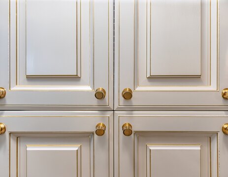 close up of off white shaker style kitchen cabinets featuring sleek brushed gold hardware drawers and doors showcase varied pulls and knobs