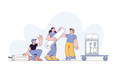 Fototapeta premium Team of young adults moving into new home with water cooler