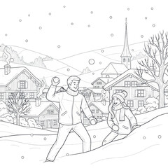 Couple Enjoying Winter Day in Snowy Mountain Village