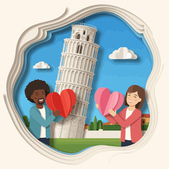 Couple Holding Hearts in Front of Famous Leaning Tower Landmark
