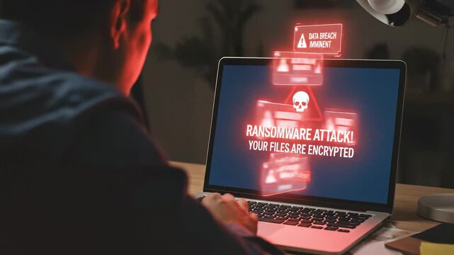 A person, gender unspecified, engaged in cybersecurity awareness as they view a ransomware attack notification on their smartphone and laptop, highlighting digital threats and data safety.