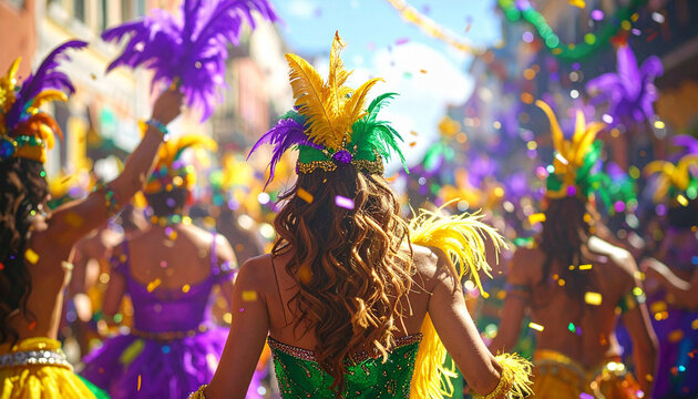 Mardi Gras parade with vibrant costumes and confetti filling the air