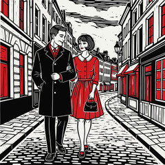 Couple Walking Down Cobblestone Street in European City