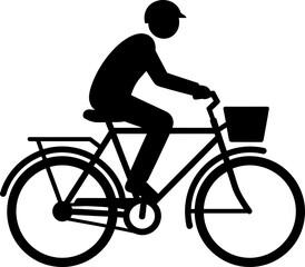 Obraz premium Man riding bicycle silhouette, side view, wearing helmet. Bike riding, cycling for transport or sport. Flat vector icon