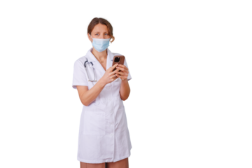 Medical professional wearing mask and stethoscope, using smartphone for healthcare communication and digital technology, transparent background