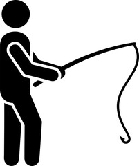 Man fishing with a rod and hook, a simple stick figure icon representing hobby, sport or recreation. Fishing activity concept. Vector illustration