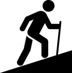 Man climbing on hill with stick icon. Simple human pictogram. Concept of hiking, walking, journey, mountain, sport. Isolated vector illustration