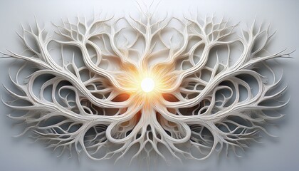 white branching structure with central bright glow isolated on a white background