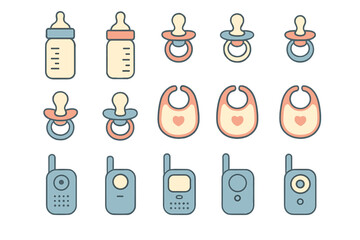 Baby icons set with bottles, pacifiers, bibs and baby monitors