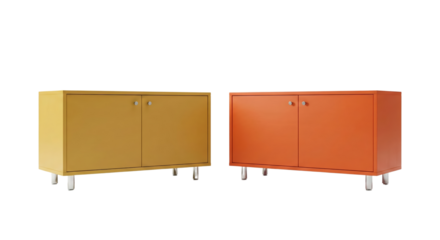 Set of two modern minimalist storage cabinets with smooth doors in vibrant yellow and orange