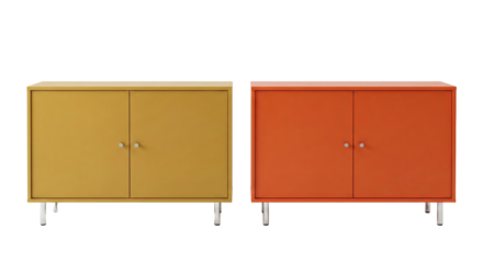 Minimalist sideboard set with vibrant yellow and orange doors isolated on transparent background