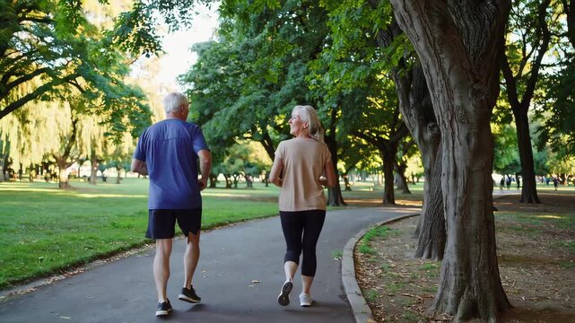 An older couple jogging together in a park, smiling and enjoying outdoor exercise, tree-lined pathway with lush greenery, healthy active lifestyle