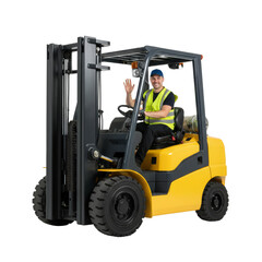friendly smiling worker operating a yellow forklift vehicle isolated on transparent background