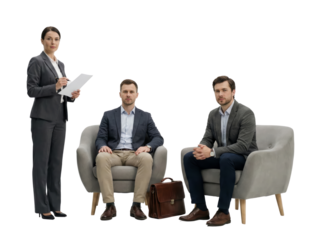 Professional interview setting with a woman and two men seated on modern lounge chairs against a