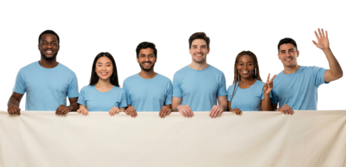 Diverse group of cheerful young adults holding a blank banner isolated on a neutral background