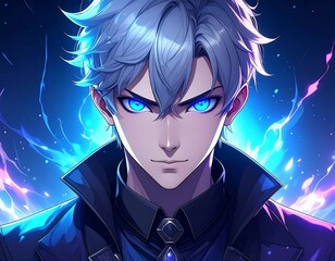 Young male anime character with vibrant blue eyes and hair