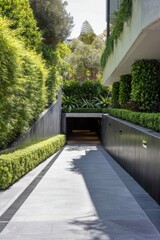 A picturesque pathway meanders toward the entrance of a contemporary building, all while being encircled by lush greenery under the warm glow of bright daylight