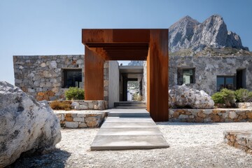 A contemporary stone building features a sleek metal archway that opens up to a stunning view of the mountains, all nestled among rugged rocks and lush greenery