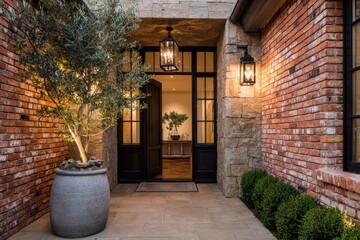 Front entrance of a home showing a stone wall, brick details, and warm lighting at dusk with plants surrounding the doorway