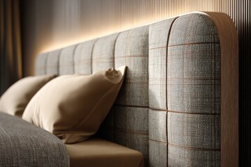A cozy bed adorned with plush cushions sits in a stylish modern room, where a wood and fabric headboard complements the inviting glow of soft lighting
