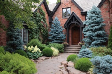 Front yard of a house with stone path, plants, and trees on a sunny day in a residential neighborhood surrounded by greenery