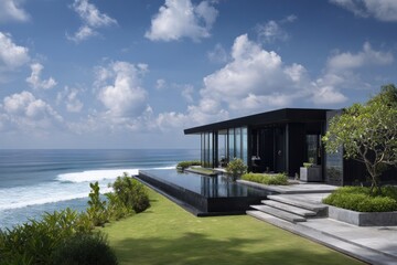Picture a contemporary oceanfront home featuring a refreshing pool, nestled in a lush tropical setting under a bright, sunny sky dotted with clouds