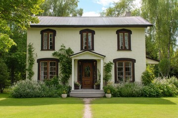 An old house is nestled in the garden, surrounded by lush green plants. Above, the sky is bright and clear, showcasing a beautiful sunny day