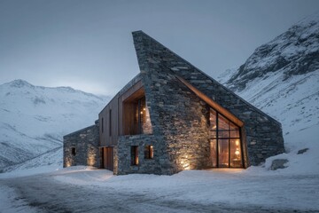 The architectural design of a contemporary house nestled in the snowy mountains comes alive in the evening, with warm lights glowing brightly through its expansive windows.