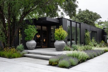 Modern house design with black exterior and landscaping on a cloudy day, showcasing a welcoming entrance and lush greenery in the front yard area