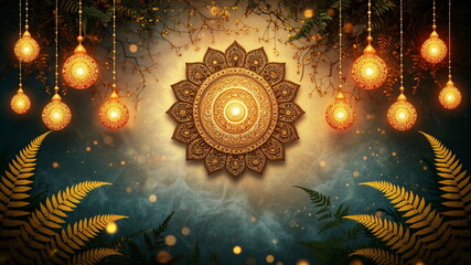 mandala and lamps are lit and hanging from the ceiling, surrounded by ferns. Diwali celebration