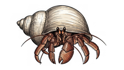 Detailed illustration of a hermit crab emerging from its spiral seashell isolated on transparent background