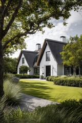 Beautiful houses with sloped roofs stand in a green garden on a sunny day with blue sky and clouds, showcasing modern architecture and landscaping in a peaceful neighborhood