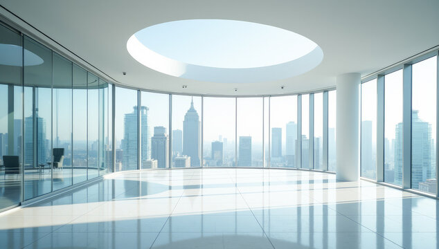 empty oval office space with panoramic windows