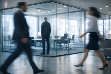 Obraz premium Faceless Business Professionals Walking in Modern Office with Motion Blur