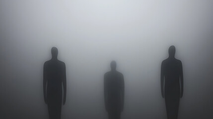 Mysterious figures shrouded in fog, their forms barely visible against the soft, diffused light. A surreal tableau evoking feelings of isolation, anonymity, and ethereal presence.