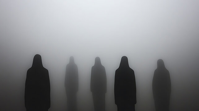Five shadowy figures stand shrouded in a dense fog, their forms barely visible against the white expanse. The minimalist, monochromatic scene evokes mystery & solitude.