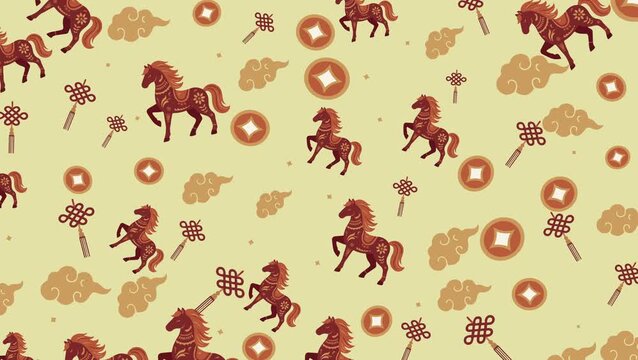 Seamless looping pattern animation with Chinese zodiac horse, coins, clouds, and knots. Festive Asian decorative background ideal for motion graphics, Lunar New Year, and cultural visuals.